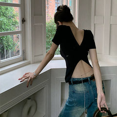 Foreign trade leftover French sweet and spicy girl cross backless design, niche style short sleeved t-shirt, women's summer chic top