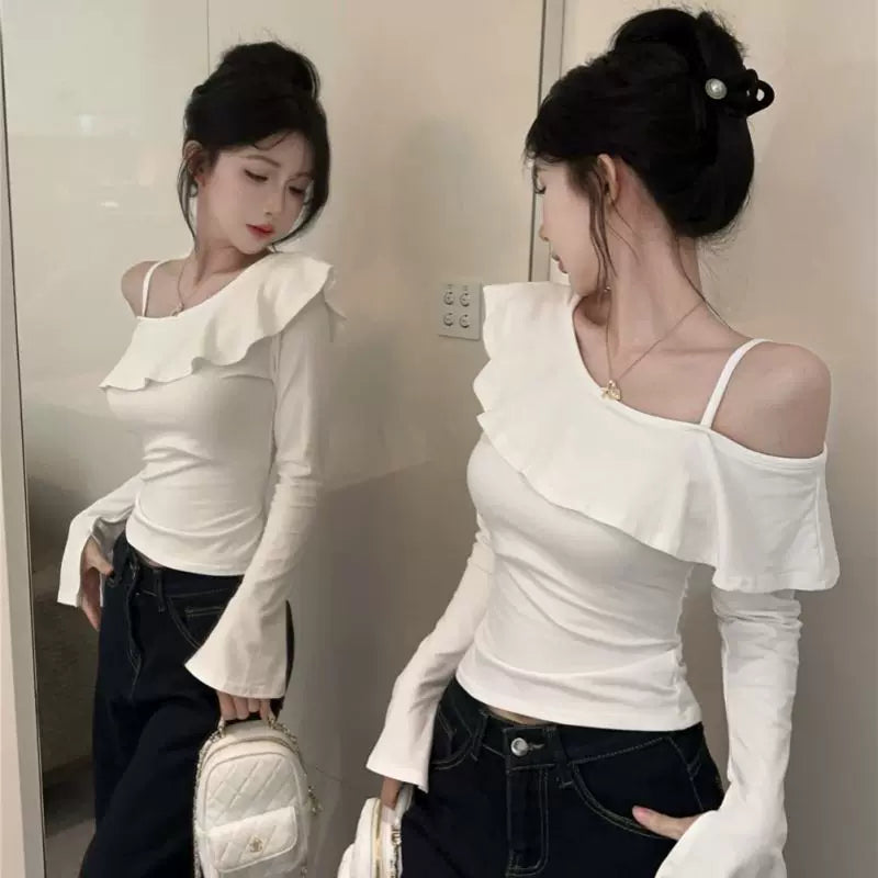 Pure desire style long sleeved t-shirt for women with split flared sleeves, spicy girl with slanted collar and ruffled edges, ins off shoulder top, pure cotton base shirt