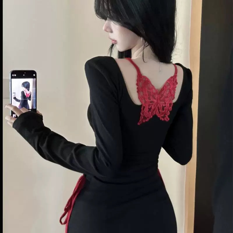 Foreign trade pure cotton pure desire style fake two-piece hanging neck, backless butterfly lace, niche design, long sleeved T-shirt, women's base
