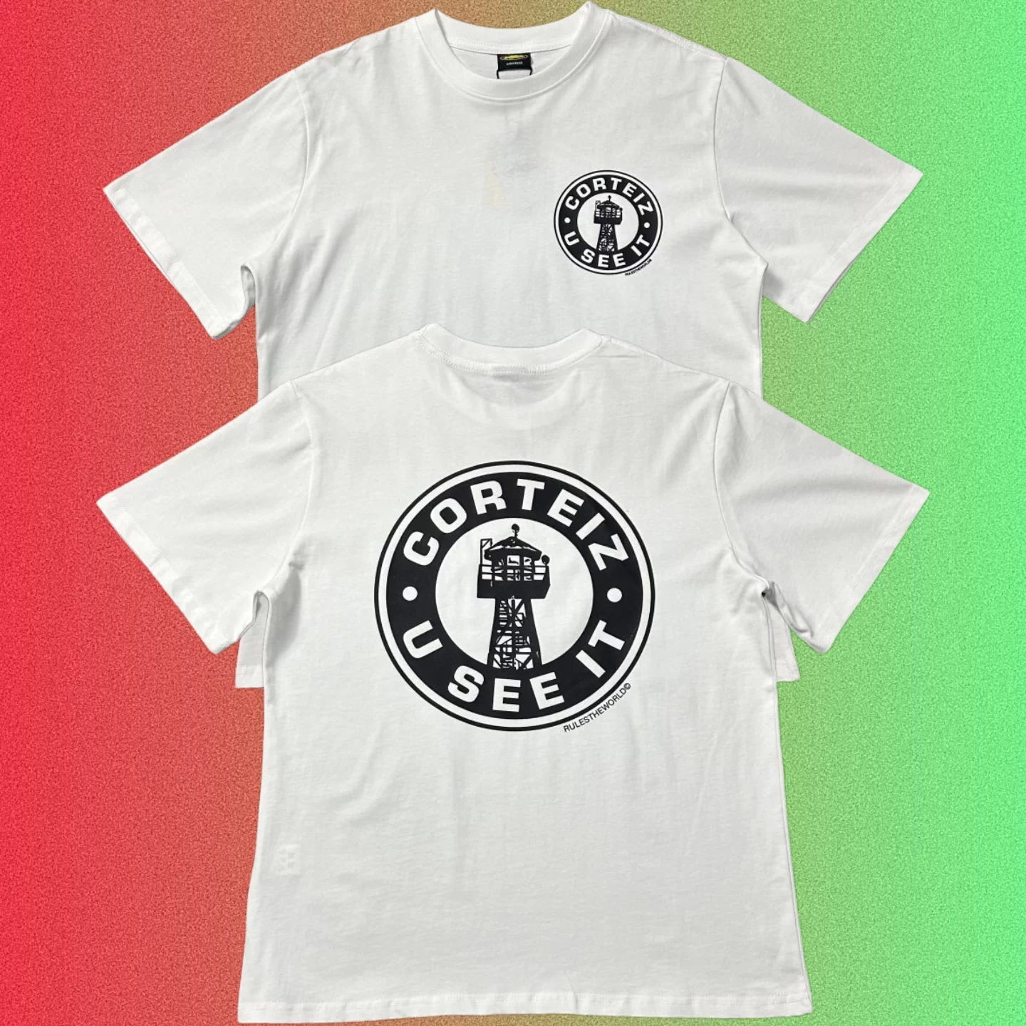 Cortiez U See It Yellow Round Logo Graphic Black T-Shirt (Front & Back Print)