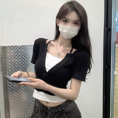 Foreign trade pure cotton summer slimming holiday two pieces pure desire style spicy girl niche design short sleeved T-shirt women's short top