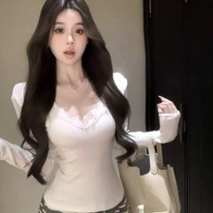 Foreign trade backless pure desire lace V-neck long sleeved T-shirt for women in autumn and winter, with added velvet lining as the base layer, slim fit tight short top