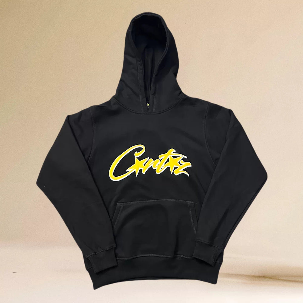 Corteiz Yellow Script Logo Heavyweight Hoodie black