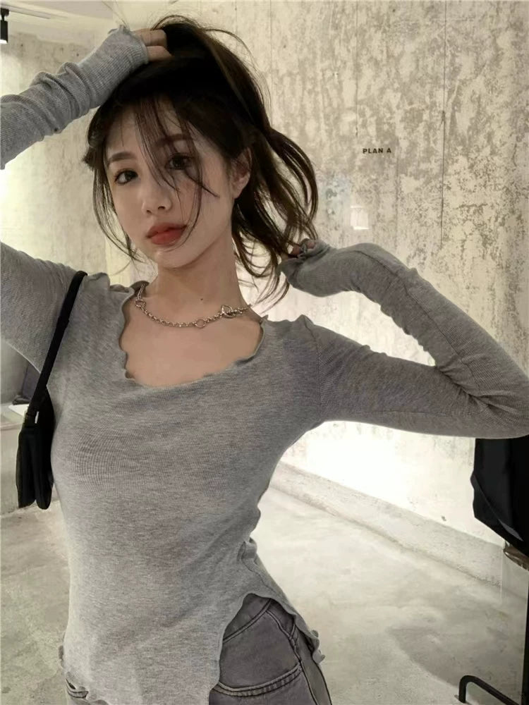 Foreign trade clearance ins thread pure cotton long sleeved t-shirt for women 2024 Spring and Autumn new item, niche design sense, inner layer bottom shirt