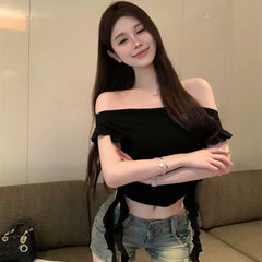 Foreign trade sexy spicy girl one shoulder lotus leaf edge short sleeved T-shirt for women summer black slim fit off shoulder short style solid color top