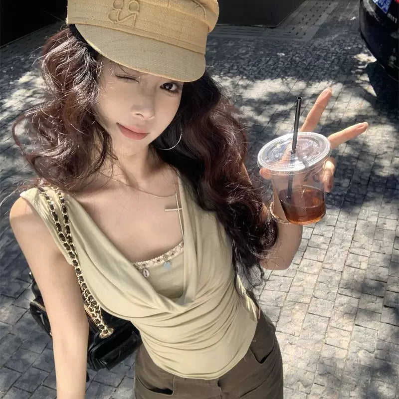 Foreign trade collar fake two sleeveless T-shirts for women in summer, slim fit, waist cinching, slimming and stunning spicy girl short waist cinching top