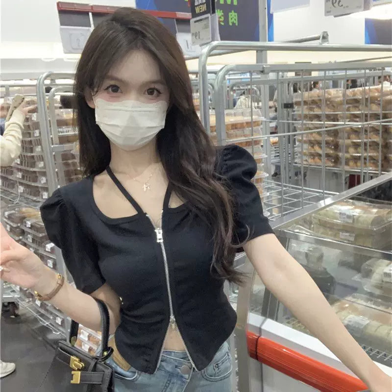 Black pure desire short sleeved T-shirt for women in summer, zipper hanging neck design, slim fit and slimming short style, waist cinching spicy girl top