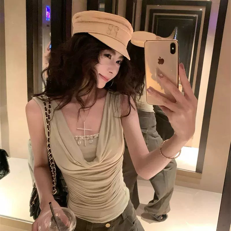 Foreign trade hot girl sexy swinging collar sleeveless fake two-piece vest for women in summer, slim fit and slimming, with an off shoulder t-shirt top