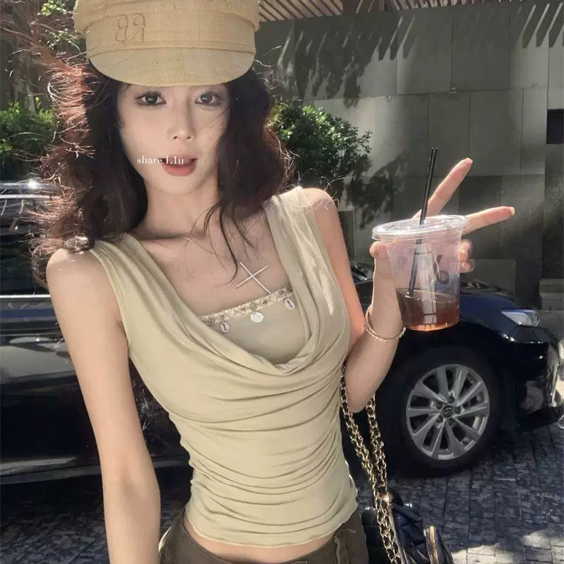 Foreign trade hot girl sexy swinging collar sleeveless fake two-piece vest for women in summer, slim fit and slimming, with an off shoulder t-shirt top