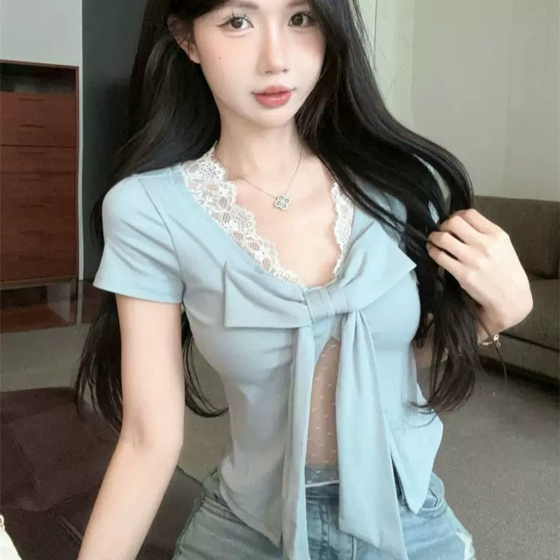 Foreign trade sexy spicy girl style V-neck lace bow short sleeved t-shirt for women's summer slim fit design short top