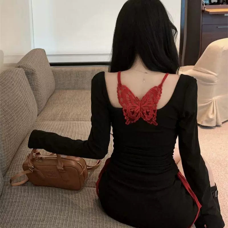 Foreign trade pure cotton square neck long sleeved T-shirt for women, pleated for spring and autumn, pure desire, spicy girl, backless butterfly top, lace base shirt