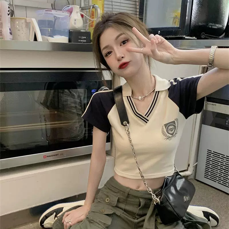 American style stunning spicy girl style contrasting color V-neck short sleeved T-shirt, women's pure cotton, student slim fit and slimming short top T-shirt