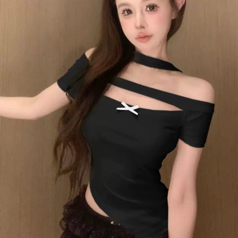 Foreign trade one shoulder hollow short sleeved T-shirt for women in summer, slim fit and slimming, butterfly bow design, pure desire spicy girl top