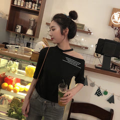 2023 early summer new black chic half sleeved hanging neck off shoulder top, women's American style base short sleeved t-shirt, ins trend