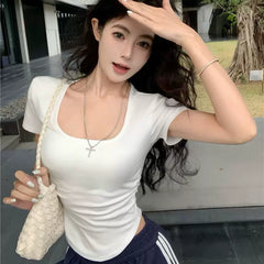 Foreign trade back hollow lace U-neck short sleeved pure cotton t-shirt for women in summer pure desire spicy girl slim fit backless short top