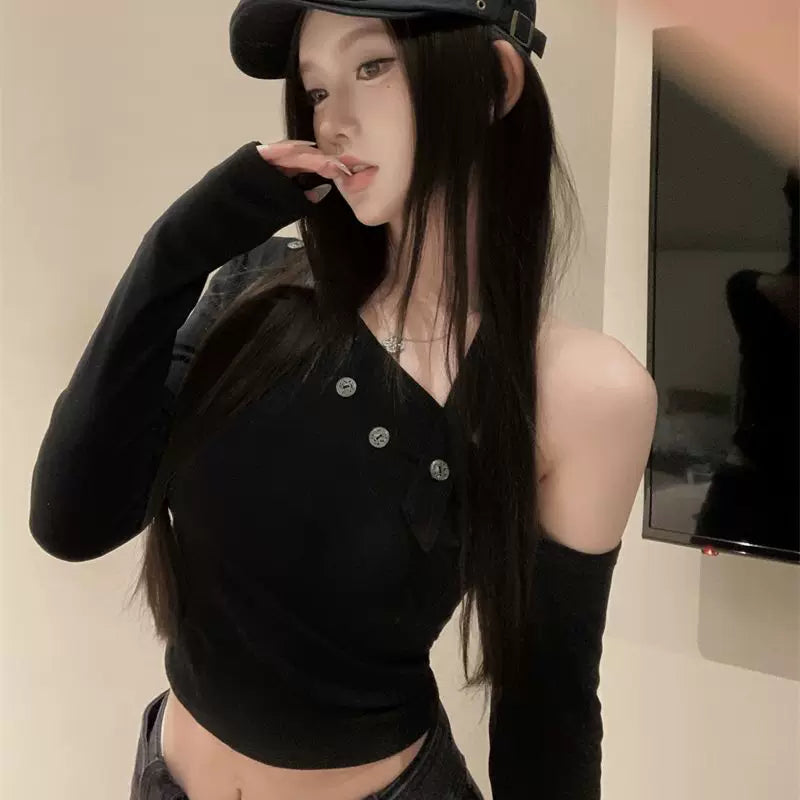 Irregular Shoulder Hanging Neck Long Sleeve T-shirt for Women in Spring and Autumn, American style Spicy Girl, Sexy Off Shoulder Top, Undercover