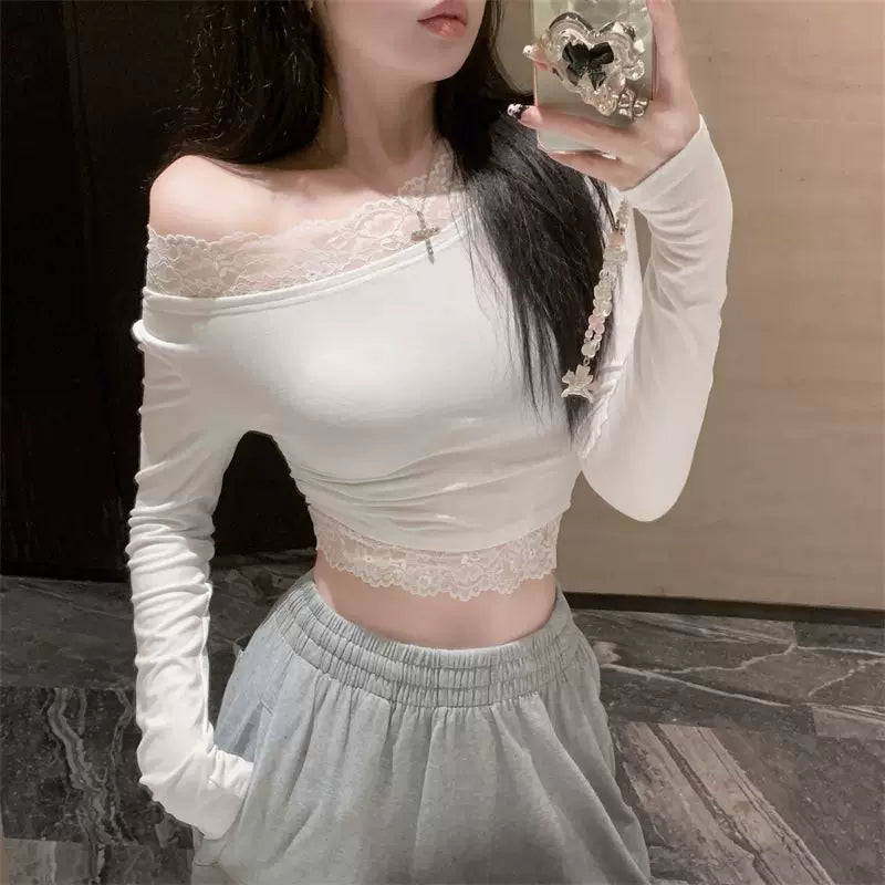 Pure desire spicy girl sexy one shoulder top, women's autumn and winter design sense, slanted shoulder long sleeved T-shirt, lace base shirt, inner layer