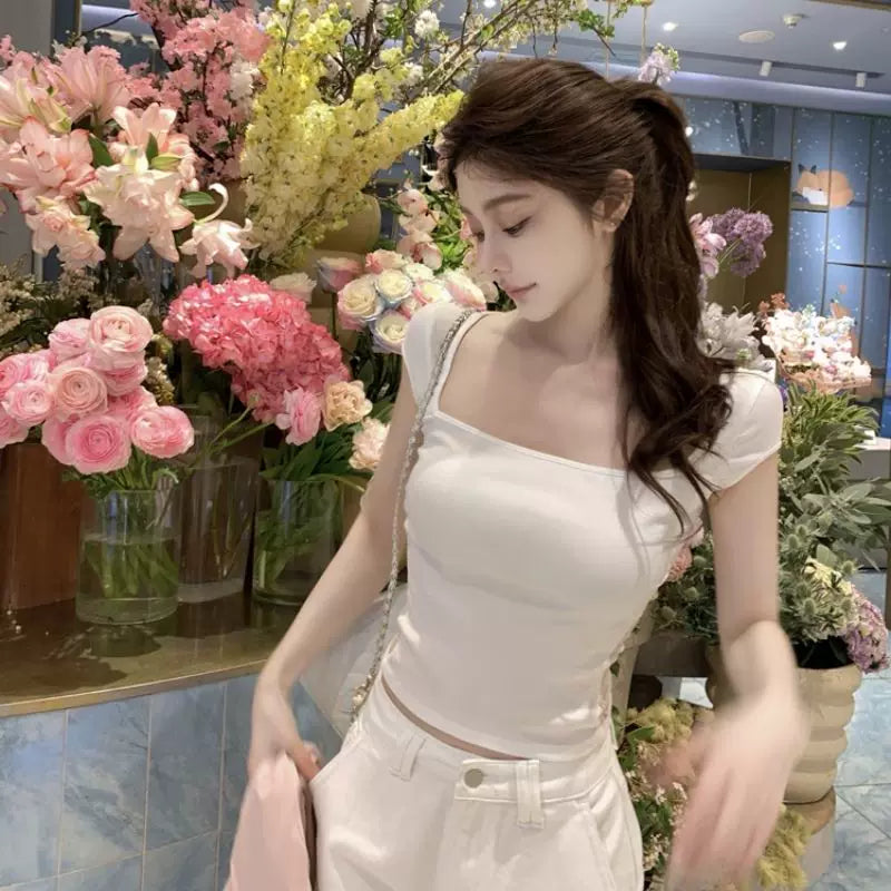 Sexy lace pure cotton short sleeved T-shirt women's summer black fashionable U-neck backless slim fit mesh pure desire style short top