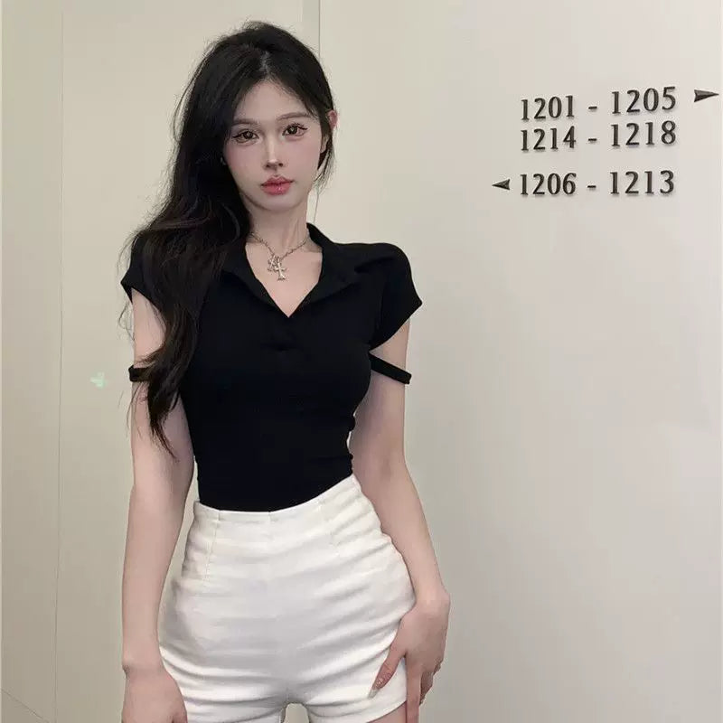 Pure Desire Style Black Polo Collar Short sleeved T-shirt Women's Summer American Slim fit Spicy Girl Pure Cotton Short Waist Small Top