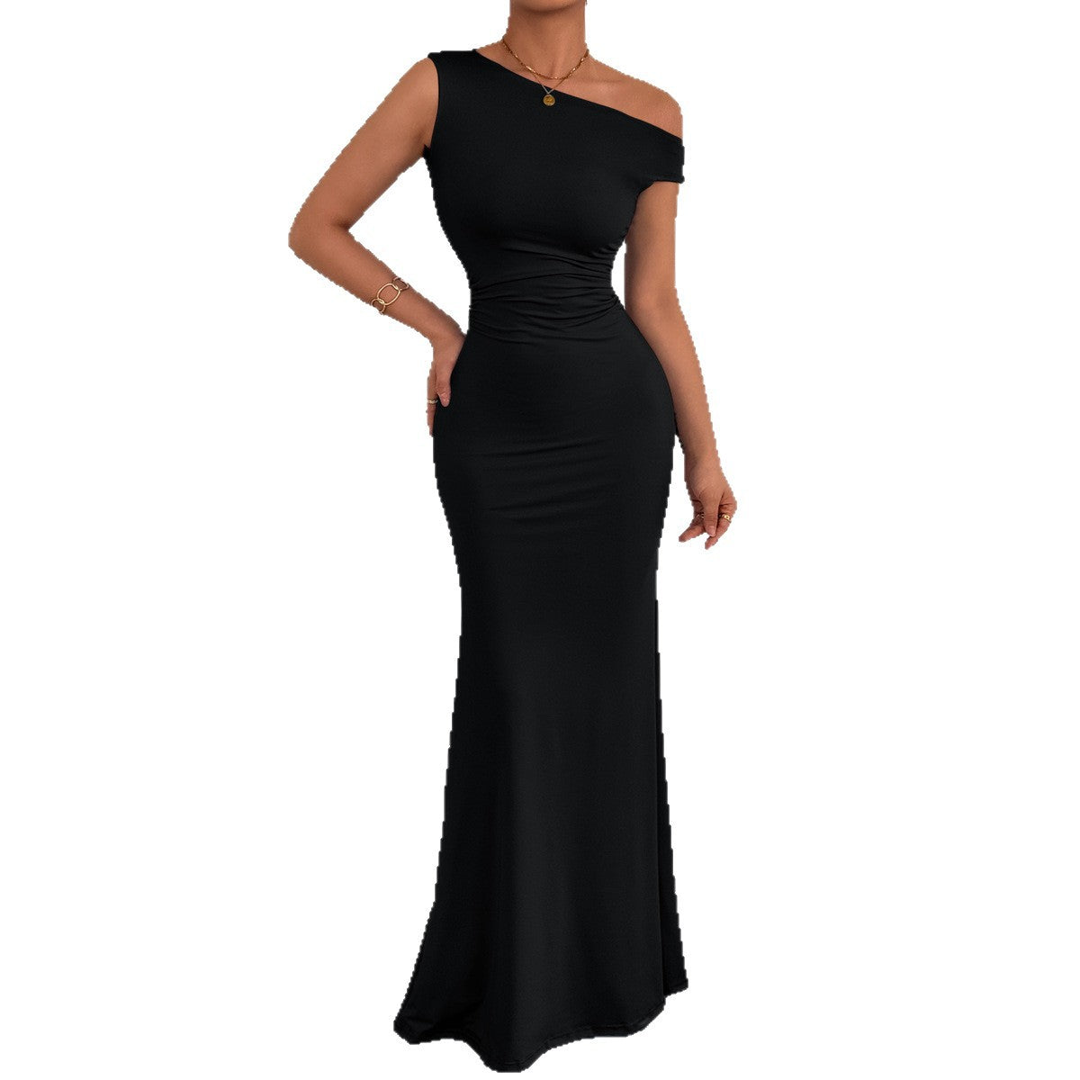 2026 European and American Cross border Women's Fishtail Skirt Amazon Hot Item Slant Shoulder Collar Waist Wrinkled Sleeveless Sexy Dress