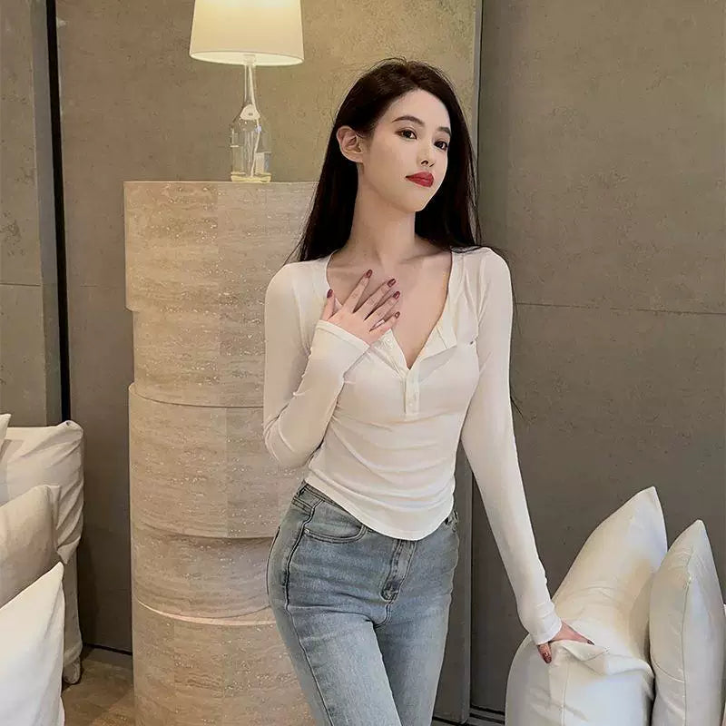 Foreign trade pure desire style sexy pure cotton long sleeved T-shirt for women in spring and autumn, slim fit and slimming for spicy girls, with a base layer and a trendy top