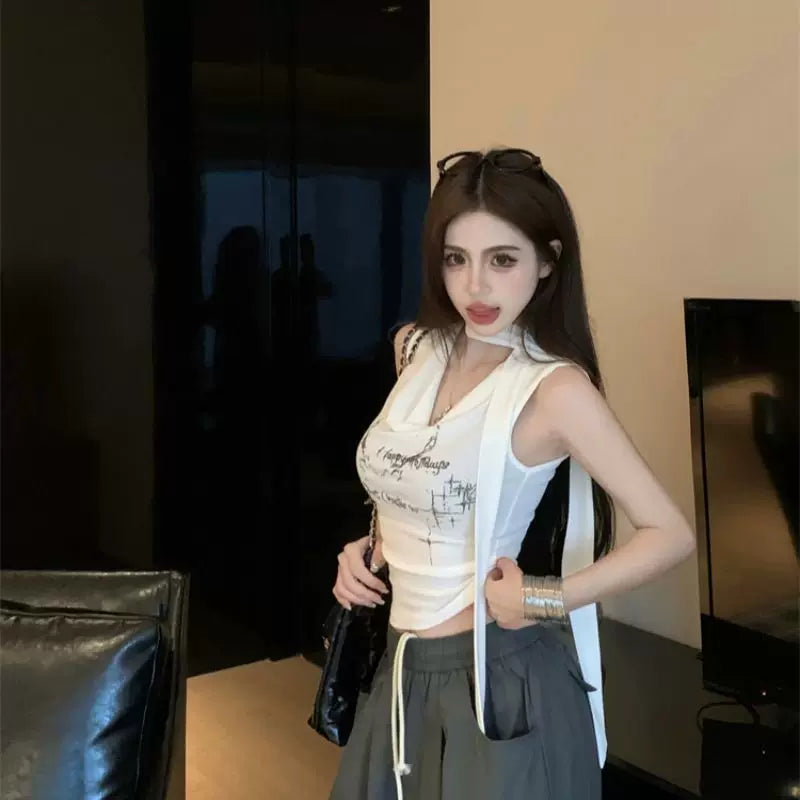 Foreign Trade Sweet and Spicy Style Swinging Collar with Letter Printed Tank Top for Women's Summer, Tailored and Slim Design, Hanging on the Neck, Trendy Clothes