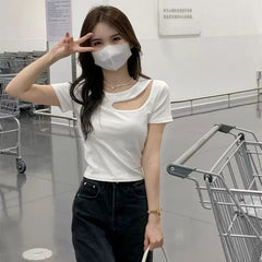 Lazy style hollow out short sleeved T-shirt for women in summer, white slim fit spicy girl round neck design, commuting light mature small top