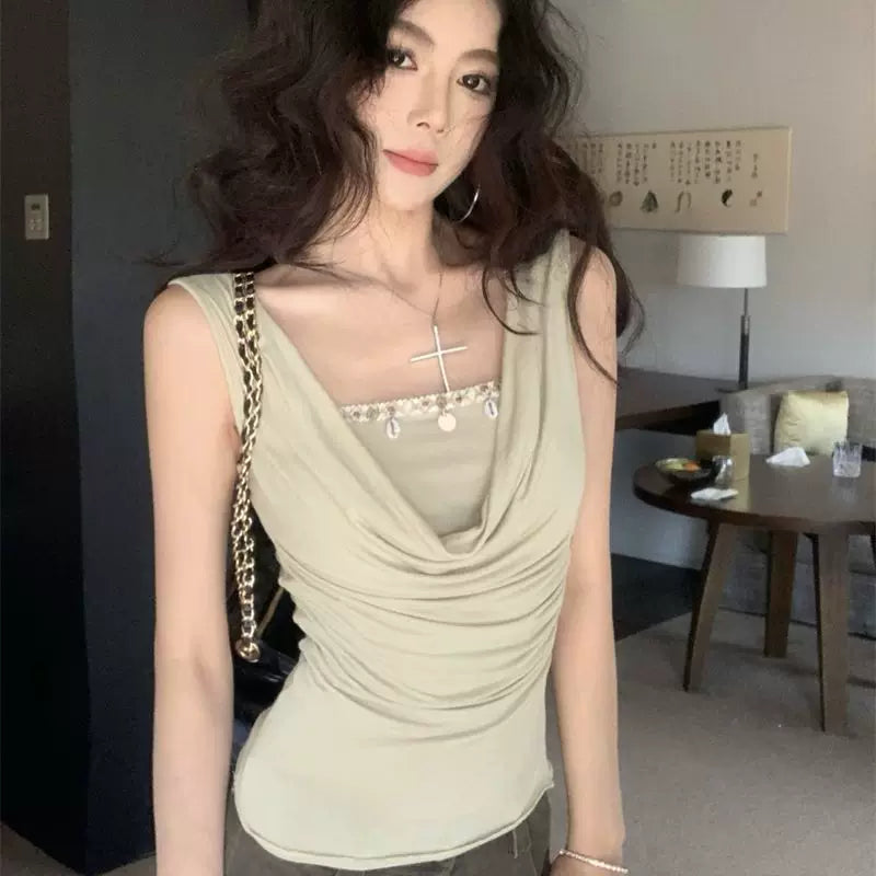 Foreign trade hot girl sexy swinging collar sleeveless fake two-piece vest for women in summer, slim fit and slimming, with an off shoulder t-shirt top