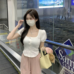 Sweet and cute square neck bubble sleeve short sleeved T-shirt for spicy women, slim fit short cardigan, stunning solid color upper garment