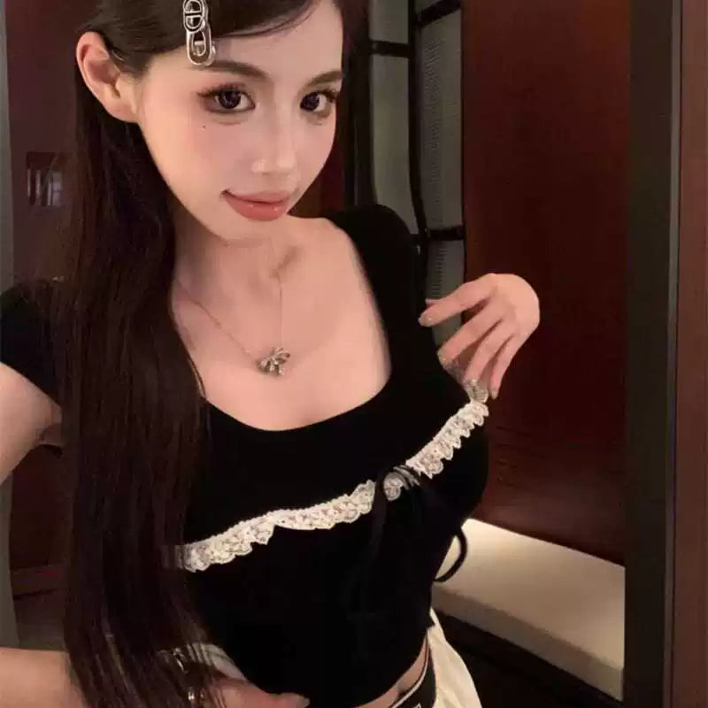 Foreign trade pure desire style spicy girl backless short sleeved t-shirt women's pure cotton lace sweet short style unique exposed navel short top ins