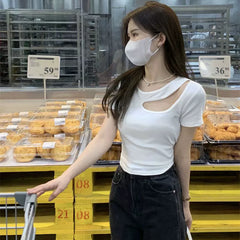 Lazy style hollow out short sleeved T-shirt for women in summer, white slim fit spicy girl round neck design, commuting light mature small top