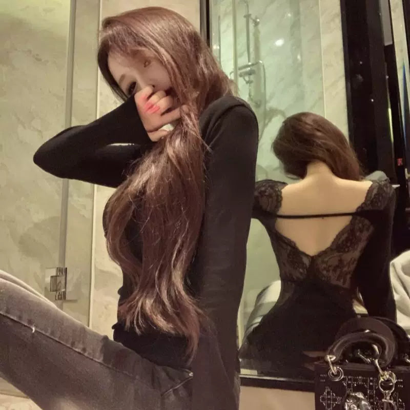 V-neck lace backless long sleeved T-shirt for women in spring and autumn, thin style, pure cotton, black, slim fit design, base top