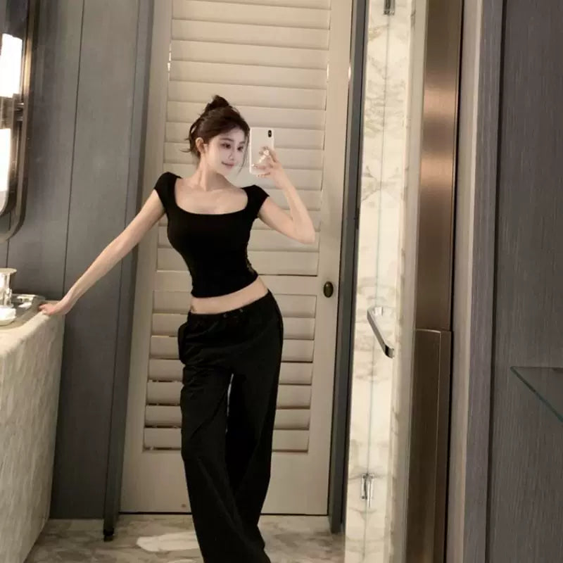 Foreign trade sexy style black lace short sleeved T-shirt for women in summer, slim fit and slimming, Korean ins design sense, niche top