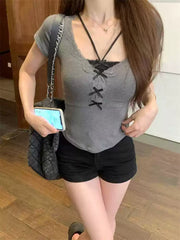 Foreign trade women's summer sweet and spicy pure desire fake two piece lace short sleeved T-shirt women's bow slim fit slimming ins top