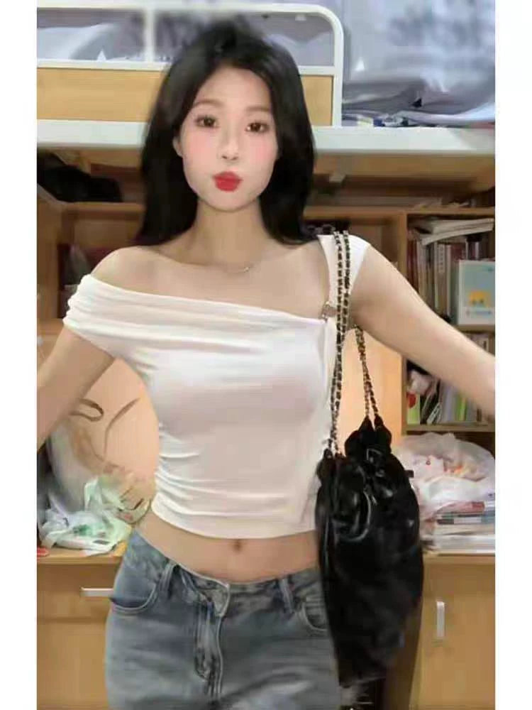Foreign trade pure desire style short sleeved T-shirt for women's summer new slim fit sweet and spicy girl backless sloping neck pure cotton short ins top
