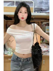Foreign trade pure desire style short sleeved T-shirt for women's summer new slim fit sweet and spicy girl backless sloping neck pure cotton short ins top