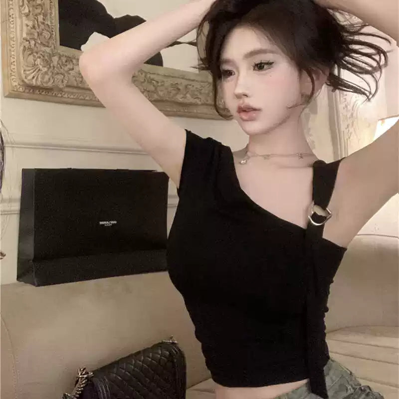 Foreign trade pure desire style one neck irregular off shoulder T-shirt for women, sexy, slim fit, fashionable short top for spicy girls