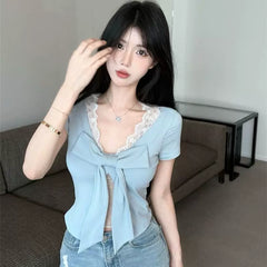 Foreign trade sexy spicy girl style V-neck lace bow short sleeved t-shirt for women's summer slim fit design short top