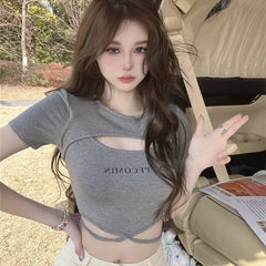 Spicy girl style hollow out strap T-shirt for women, short sleeved, American style slim fit, stunning chest design, niche short clothing