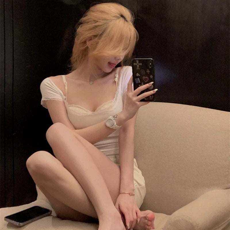 Pure cotton sweet and spicy white lace lace lace short sleeved T-shirt for women's summer slim fit square neck pure desire style sexy short top