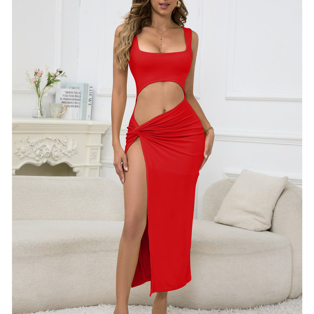 European and American Amazon Wish Cross border Women's Long Dress 2026 New Style Strap Solid Color Hollow Out navel Sexy Dress