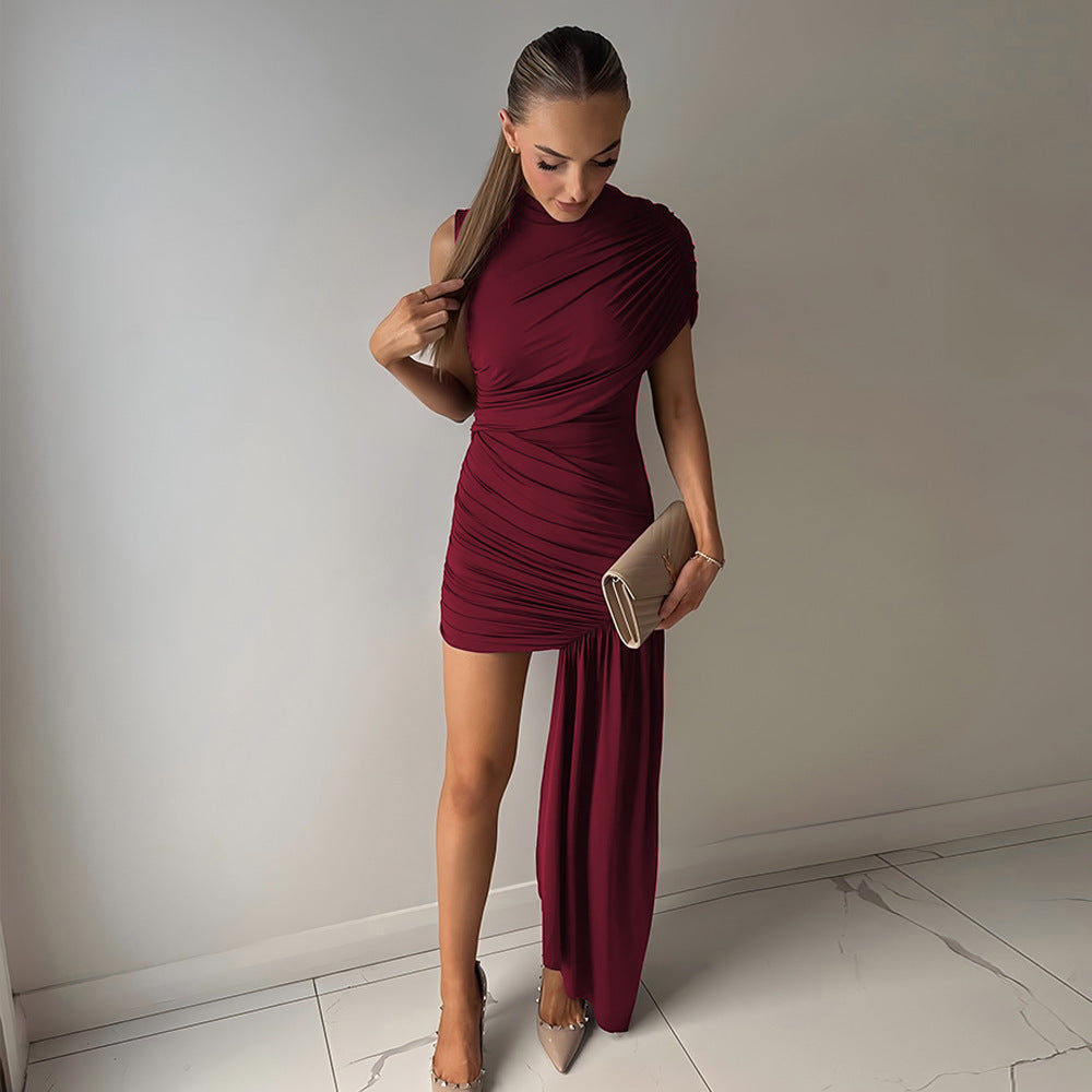 2026 European and American women's summer new fashionable slim fit round neck pleated bag hip irregular sleeveless sexy dress