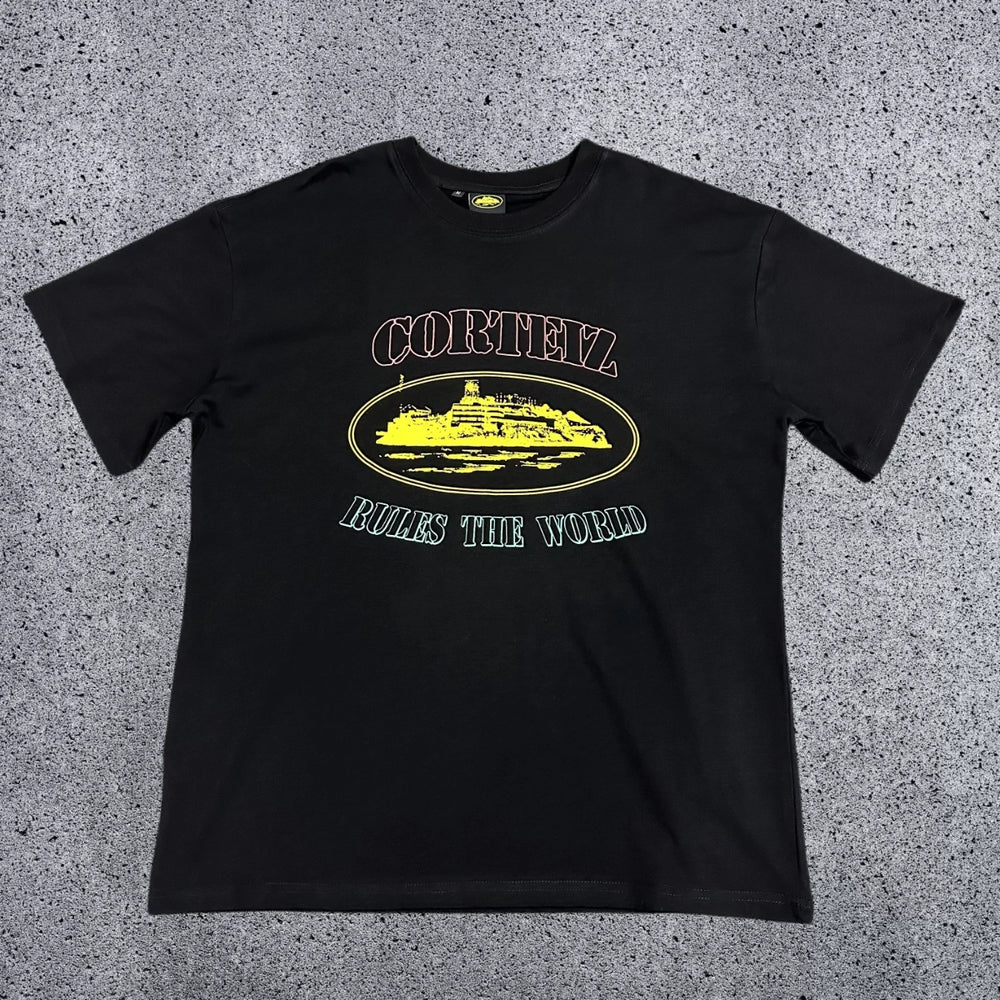 Corteiz "Rules The World" Alcatraz Graphic Tee (Black Multi-Color Edition)