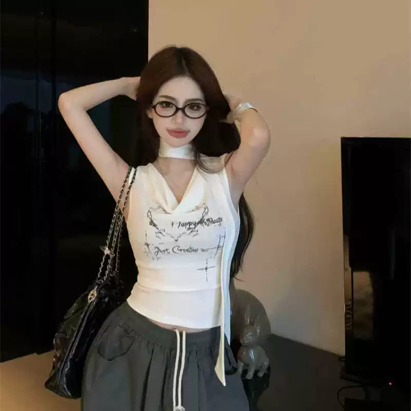 Foreign trade American style spicy girl hanging neck strap t-shirt for women's summer design sense, niche slim fit sleeveless short swing collar top