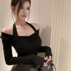 Foreign Trade Pure Desire Hot Girl Off Shoulder Fake Two High Impact Crater Strip T-shirt for Women Spring and Autumn Hanging Neck Wrinkle Short Ins Top