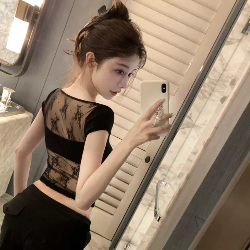 Foreign trade sexy style black lace short sleeved T-shirt for women in summer, slim fit and slimming, Korean ins design sense, niche top