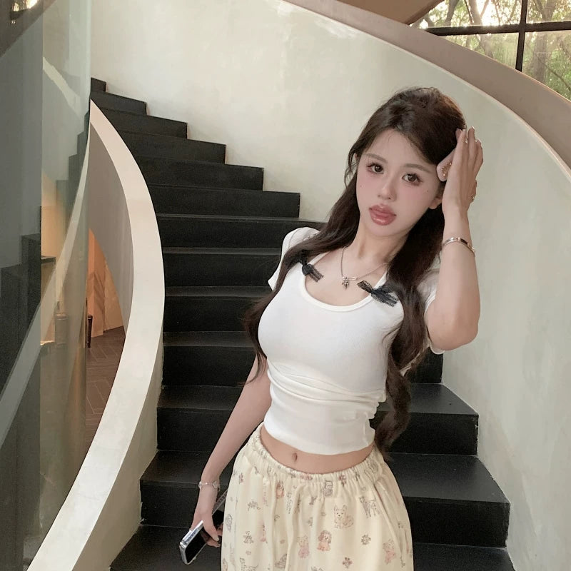 Foreign trade pure desire style hanging neck, super cute and high-end feeling, handmade butterfly bow showing CUP cut men's T-shirt, short sleeved women's pure cotton top