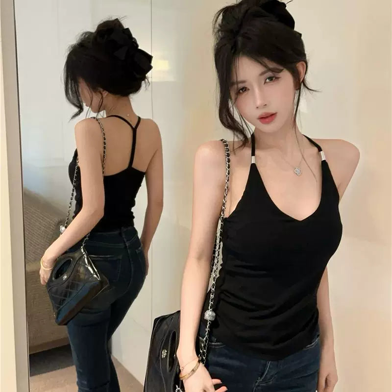 Summer sexy V-neck halter top, women's outerwear, slim fit, beautiful back, spicy girl, sleeveless halter top, short T-shirt