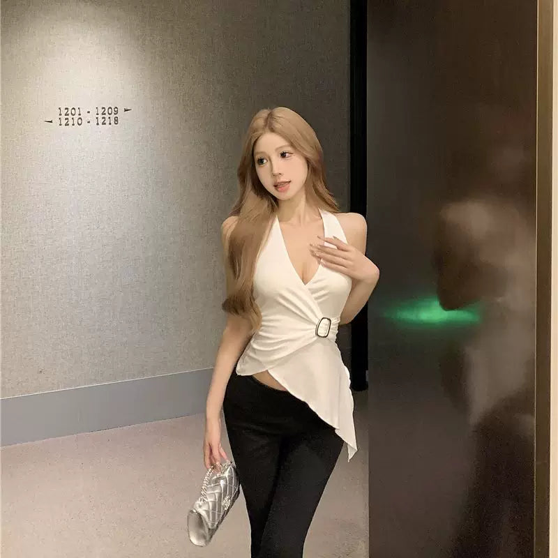 Foreign trade sexy style V-neck hanging neck tie vest for women in summer, white waist cinching, slimming pure cotton spicy girl suspender top