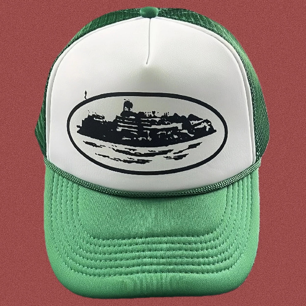 Corteiz Vintage Green and White Trucker Hat with Oval Cruise Ship Graphic